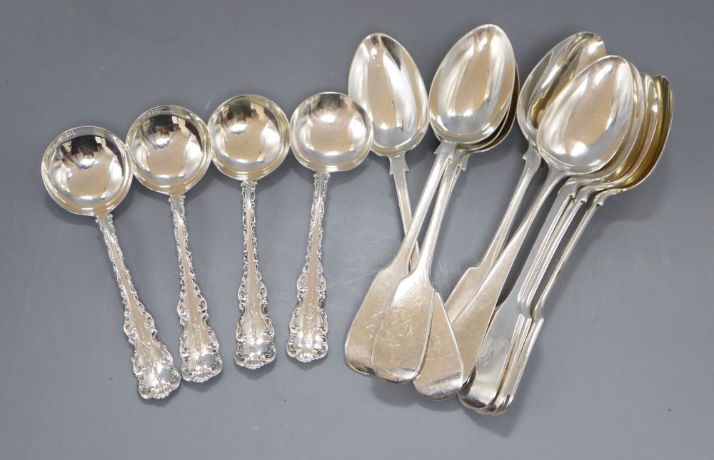 A set of six George V silver fiddle pattern dessert spoons, Sheffield, 1913, four sterling small ladles and 3 other spoons.